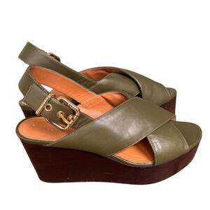 Marni Green Leather Crisscross Wedges Platform With Buckle Sandal Size 39